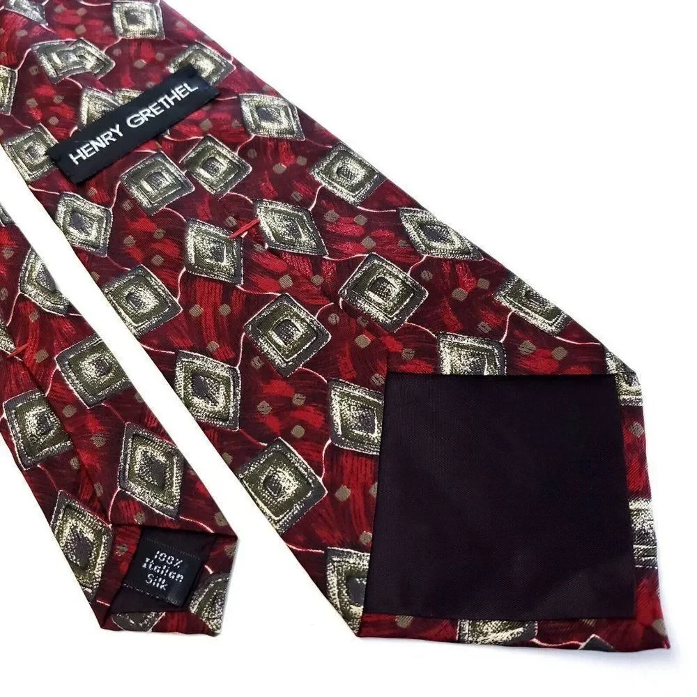 Henry‎ Grethel Red Tan Abstract Print Short Wide Silk Tie